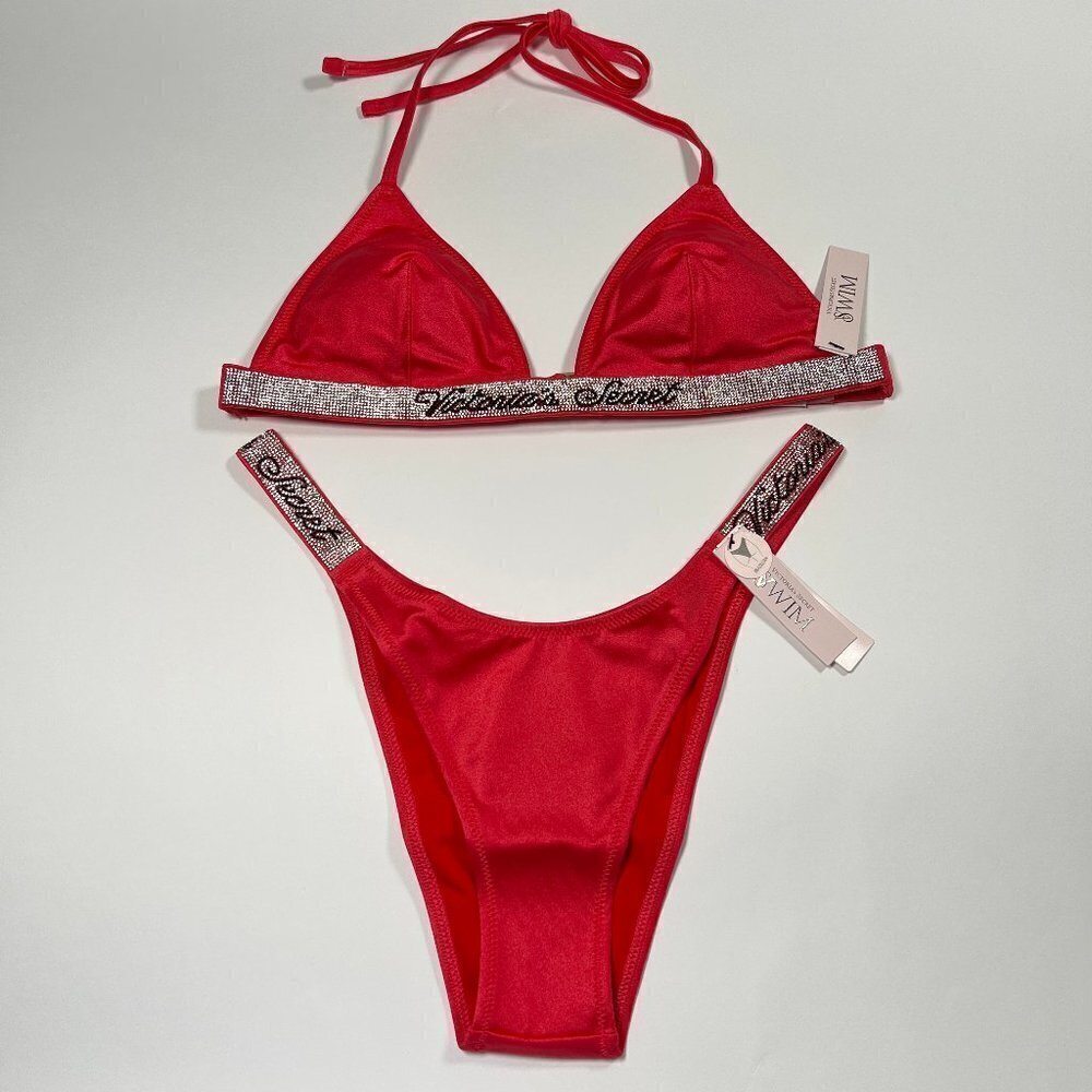 Victoria Secret Medium M Shine Strap Triangle Bikini Top Bottom Set LOGO Pink